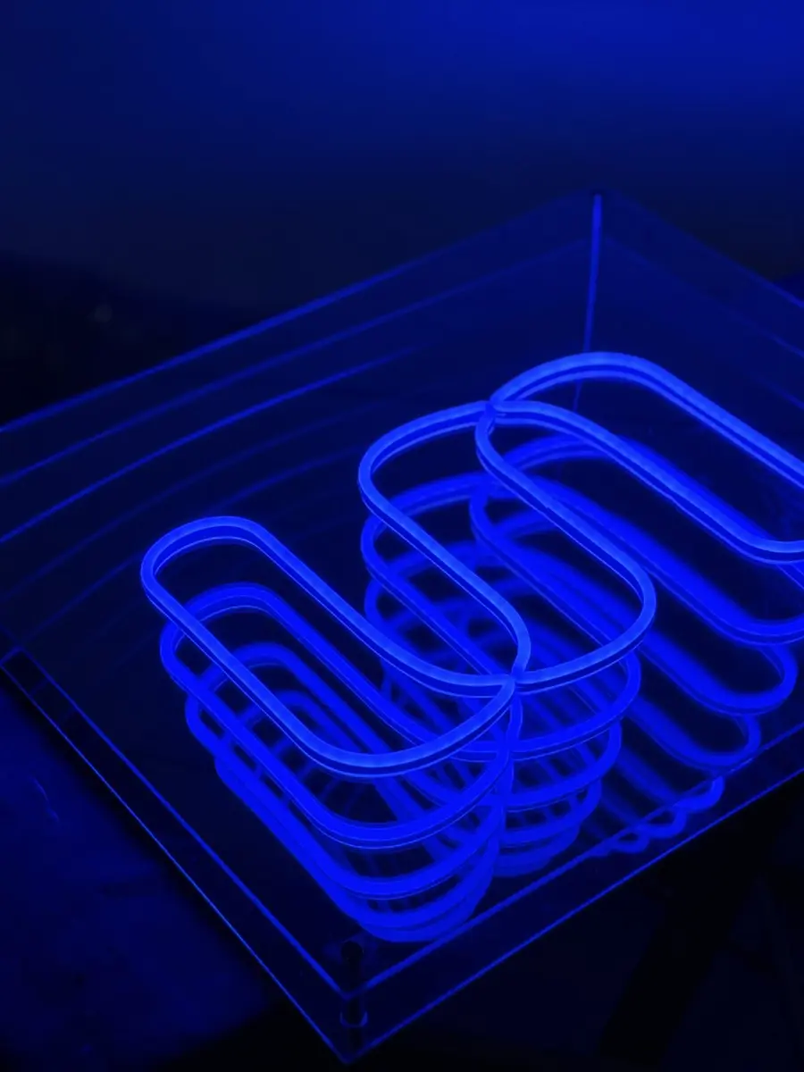 Blue infinity mirror LED neon sign with endless tunnel of light