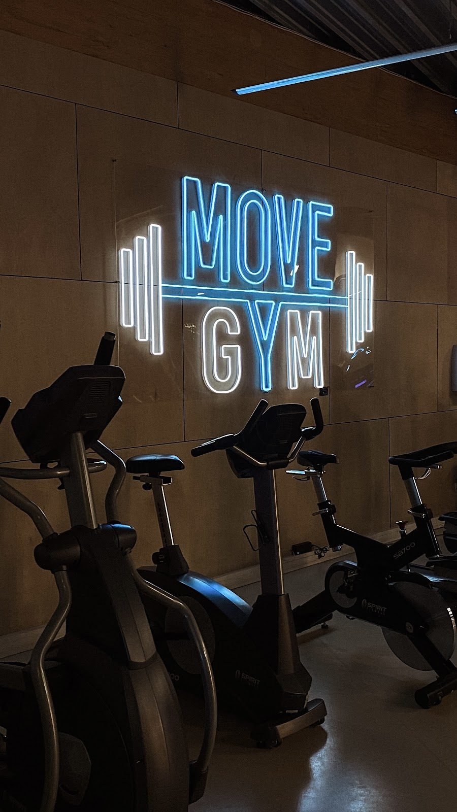 Gym logo in ice blue LED neon above the training floor