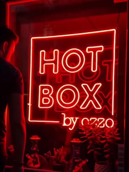 Red LED neon Hot Box sign in a store