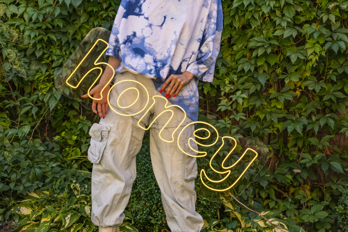 Yellow LED neon honey lettering in a clothing store
